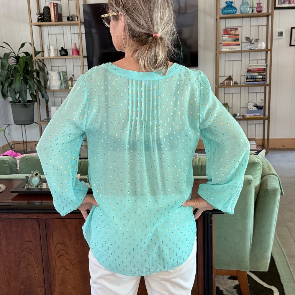 Lilly Pulitzer Elsa Silk Sheer Tunic Aqua Blue w Gold Metallic Clip Dots Size M‎ - Picture 3 of 9
